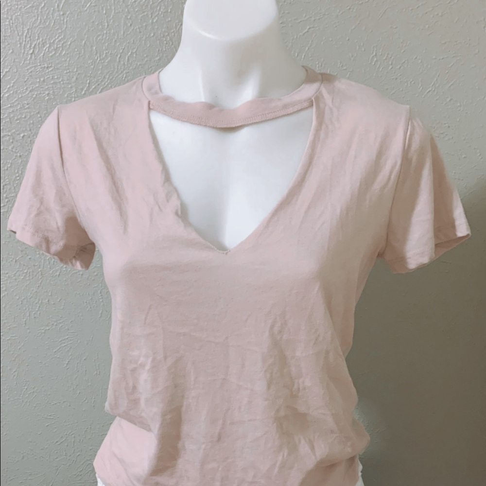 Pink open V neck tee